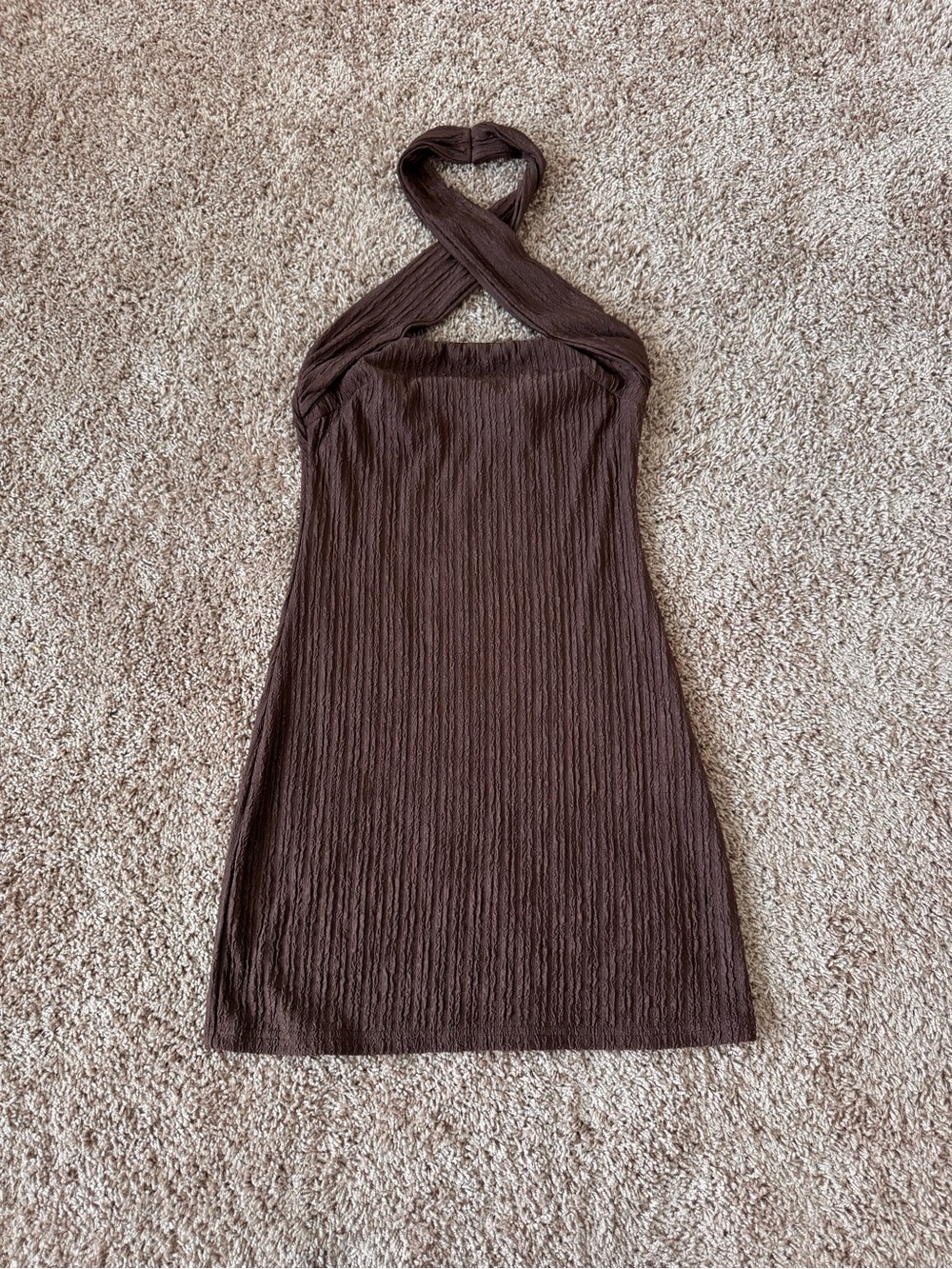Showpo Chocolate Brown Ribbed Halter Mini Dress